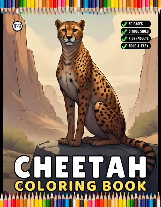 Cool Cheetah Coloring Book Gift for Adults Kids Boys Girls Teens Youth 50 Pages Single Sided Relaxation Wildlife Safari Zoo Animal Coloring