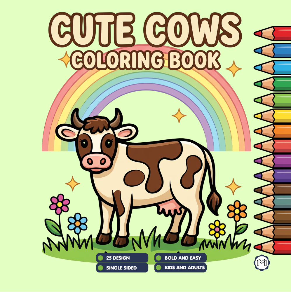 Cute Cow Coloring Book Gift for Adults Kids Boys Girls Teens: Single Sided Pages 25 Designs Cozy Cow Animal Coloring Book for Children