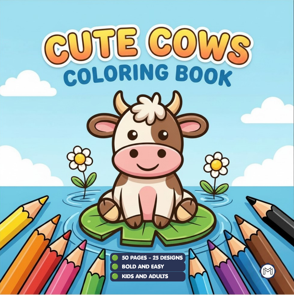 Cute Cow Coloring Book Gift for Adults Kids Boys Girls Teens: Single Sided Pages 25 Designs Cozy Cow Animal Coloring Book for Children