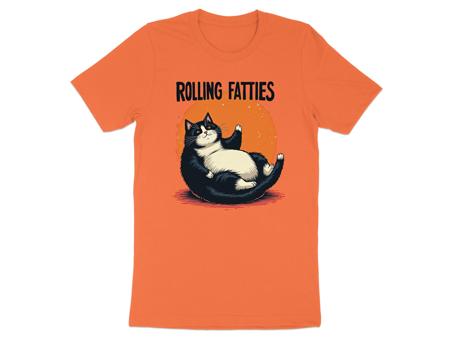 T-shirt with an illustration of a fat cat rolling on its back.