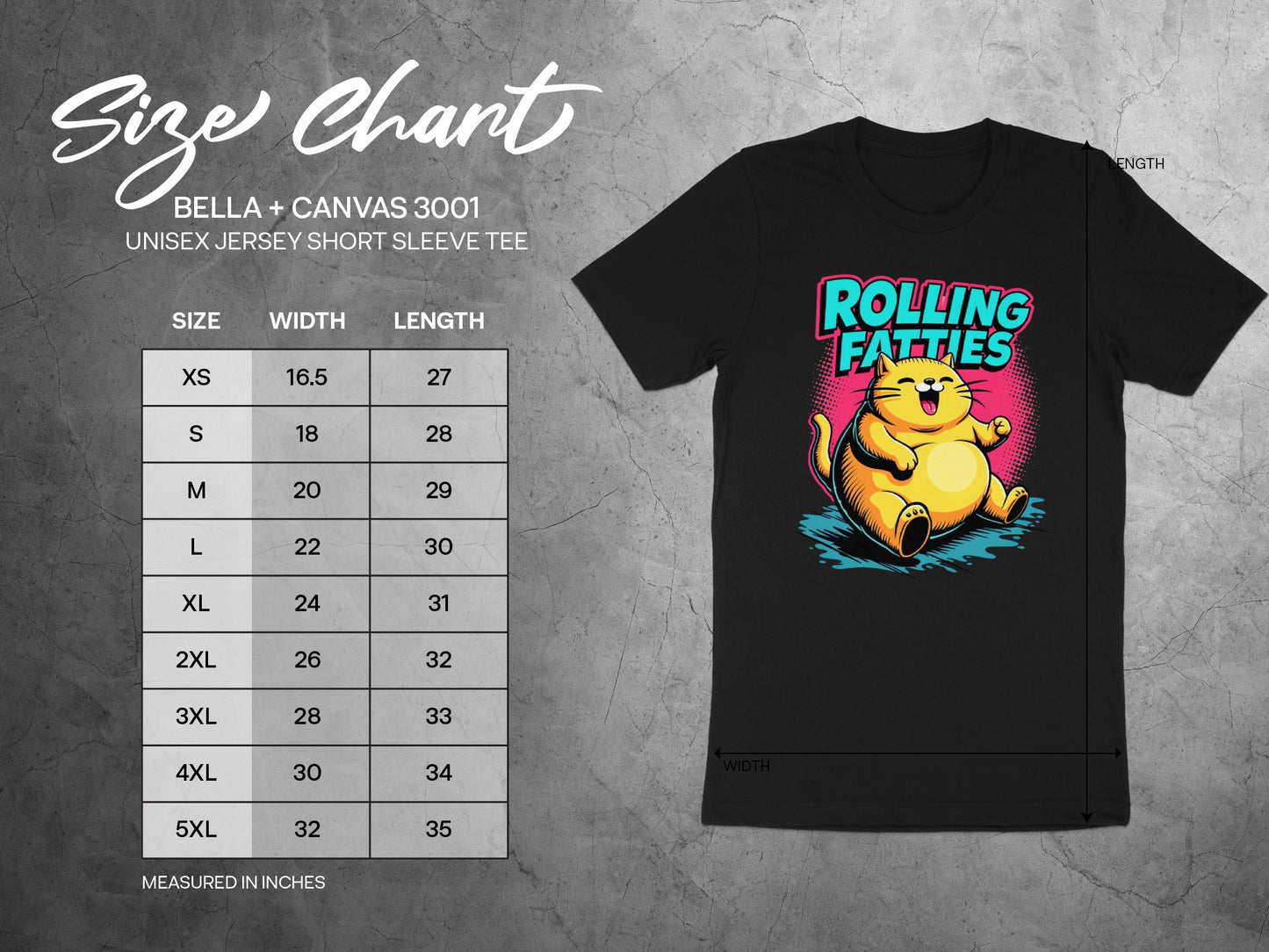 Bella + Canvas 3001 unisex t-shirt size chart with measurements for width and length.