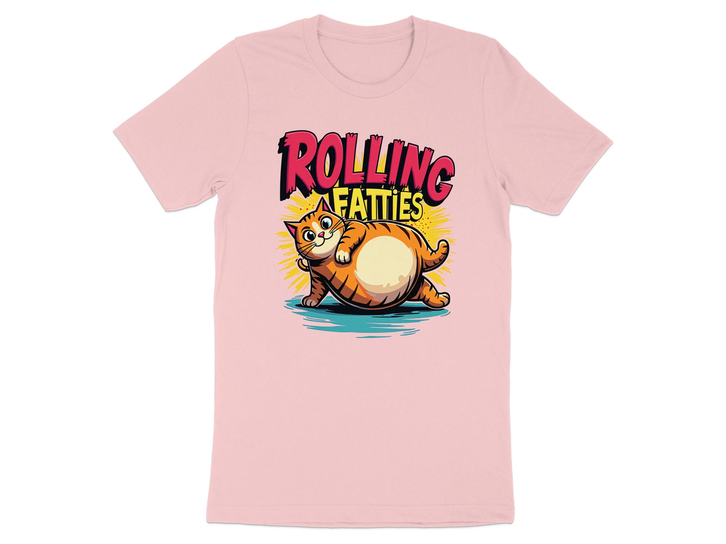 Pink t-shirt with cartoon fat cat and "ROLLING FATTIES" text.