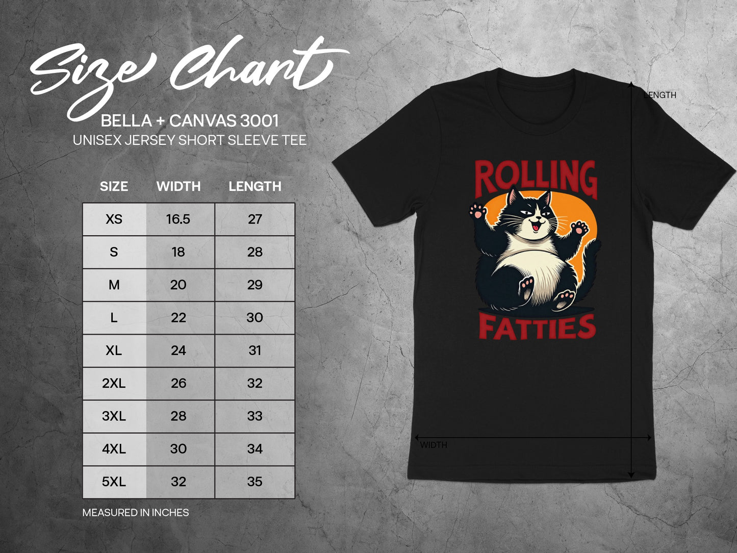 Size chart for unisex Bella + Canvas 3001 tee with "Rolling Fatties" graphic.