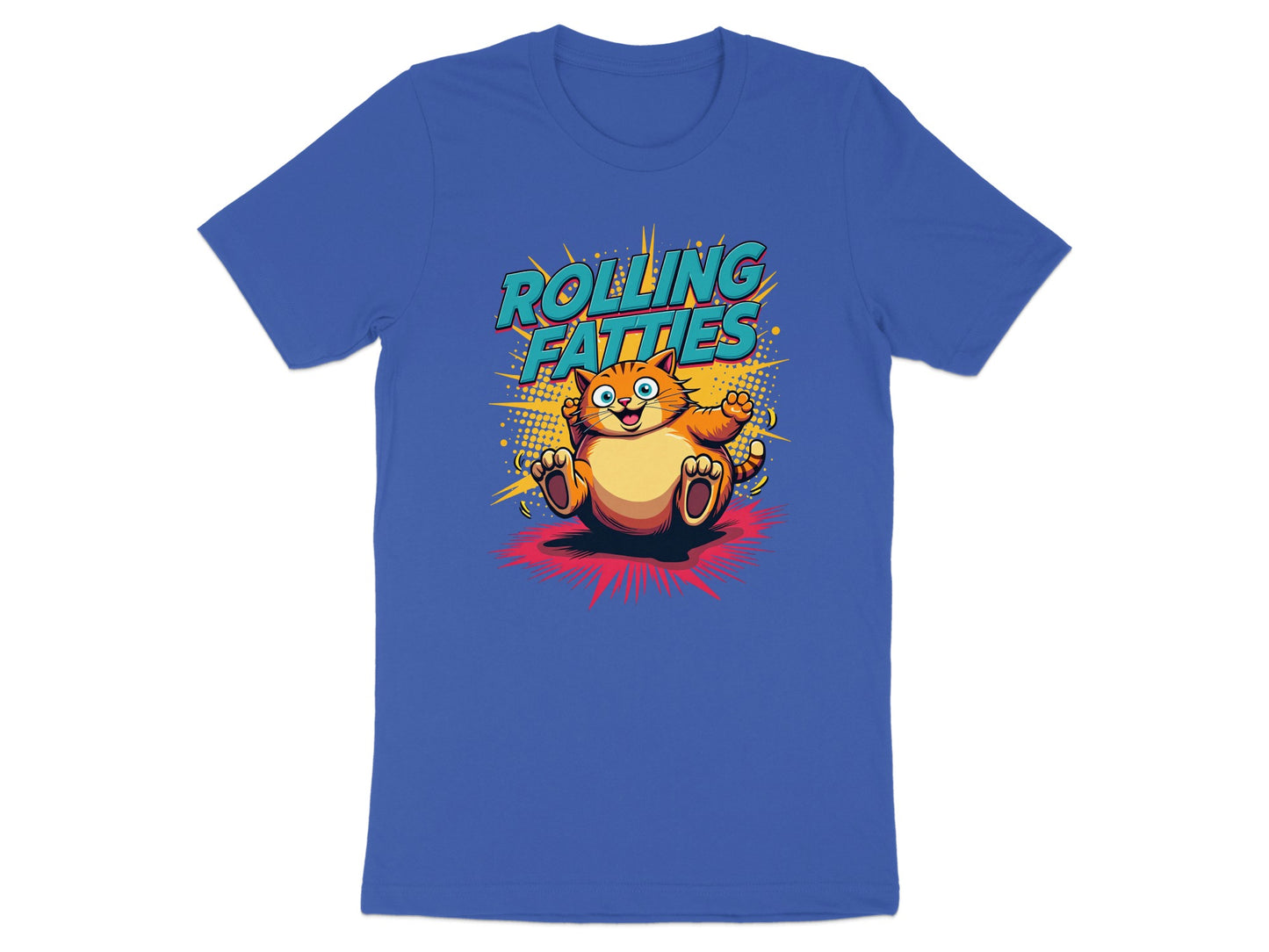T-shirt with cartoon cat shouting "Rolling Fatties".
