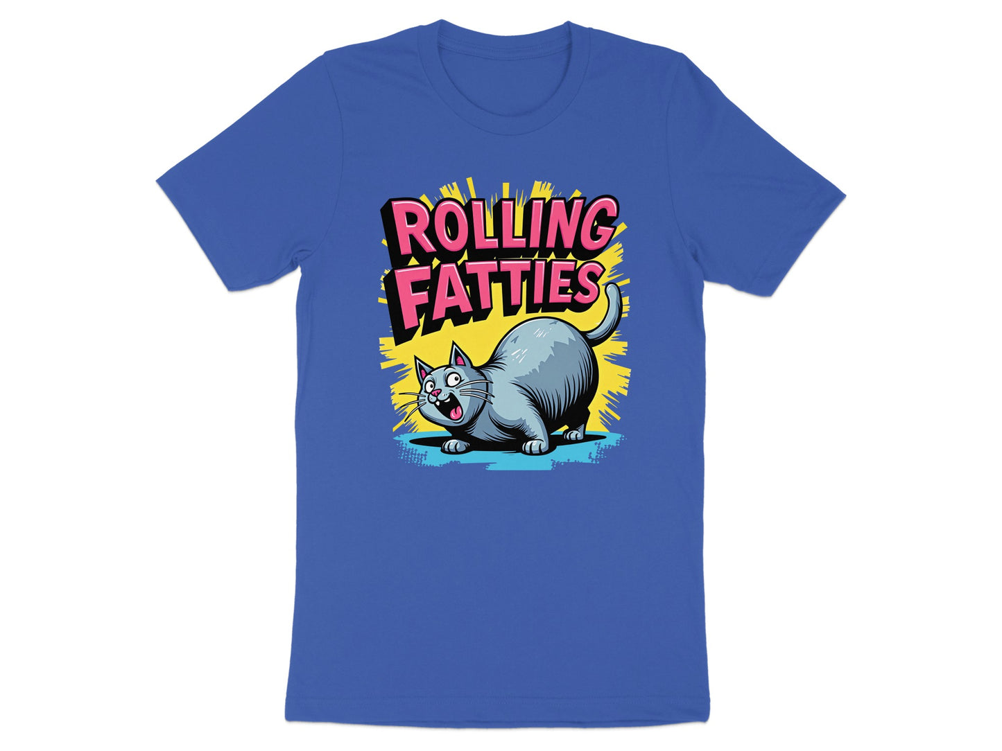 Blue t-shirt with cartoon cat and "ROLLING FATTIES" text.