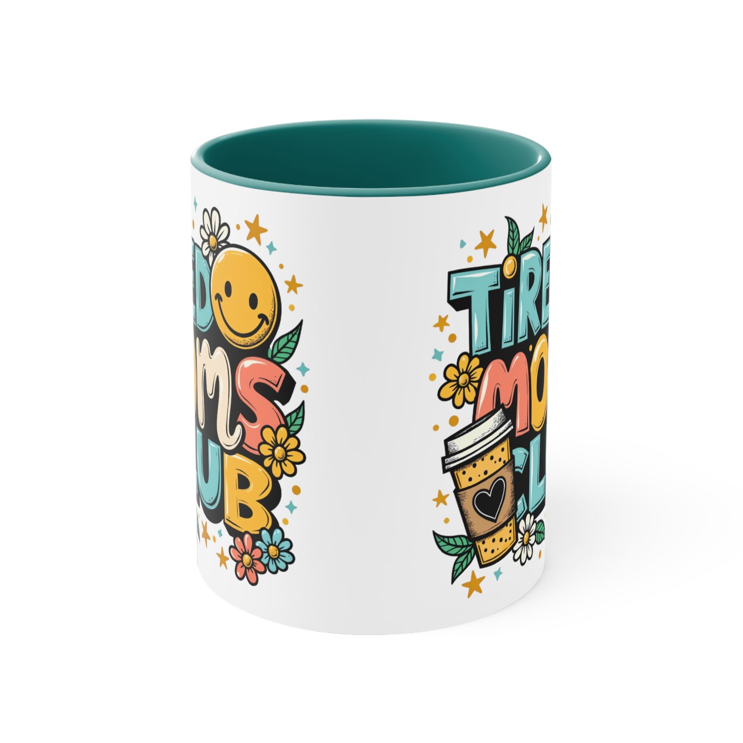 White mug with "Tired Mom Club" and smiling emoji, coffee cup illustration.