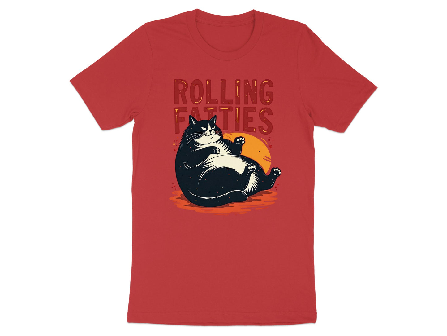 Red t-shirt with a cartoon cat lying down and text "ROLLING FATTTIES".