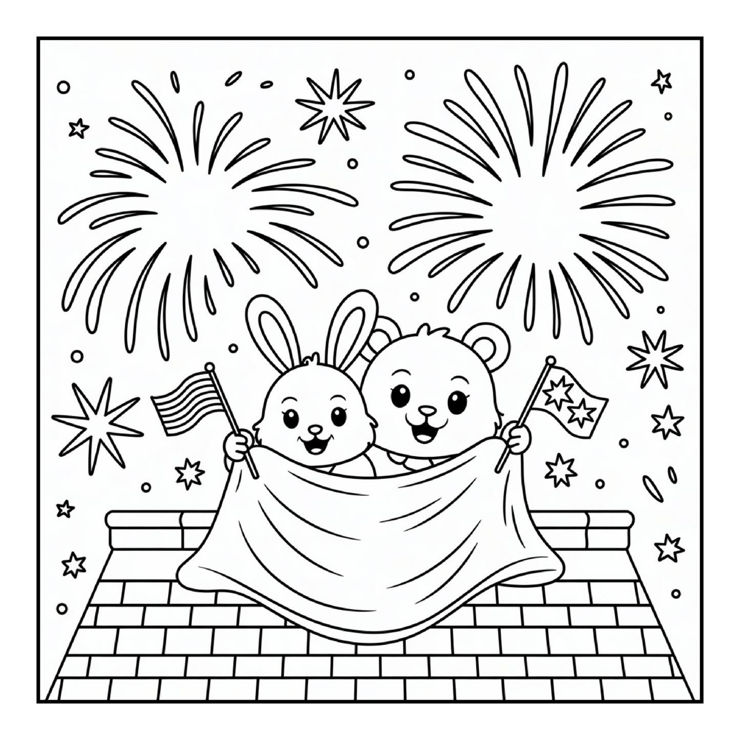 4th of July Independence Day Bear and Bunny Coloring Book Gift for Kids Boys Girls Young Teens 50 Pages Single Sided Coloring Activity Sheet