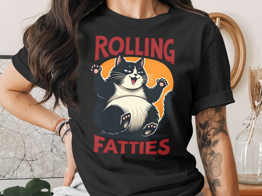 Black t-shirt with a cartoon cat and "ROLLING FATTIES" text.