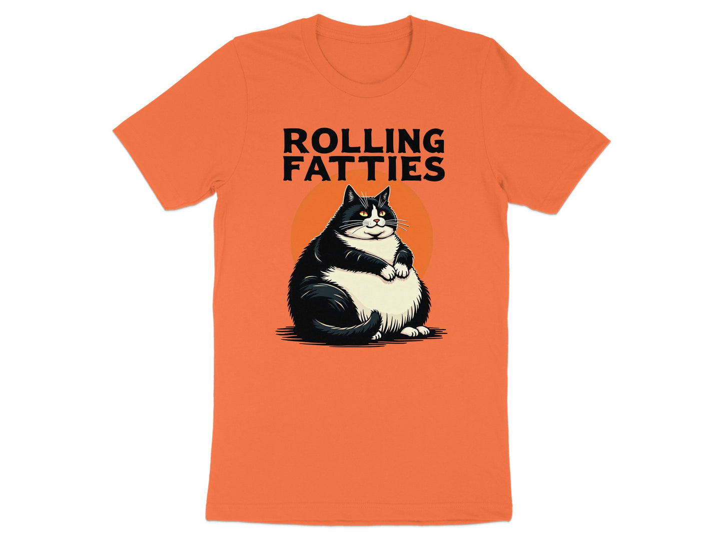 Orange t-shirt with illustration of a plump black and white cat and "ROLLING FATTTIES" text.