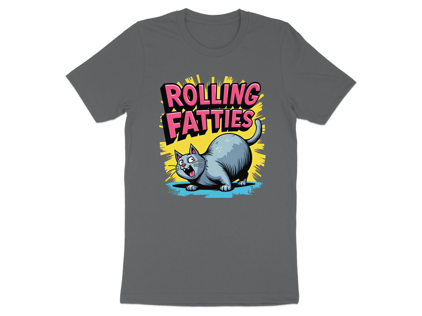 Cartoon cat with "ROLLING FATTIES" text on a grey t-shirt.