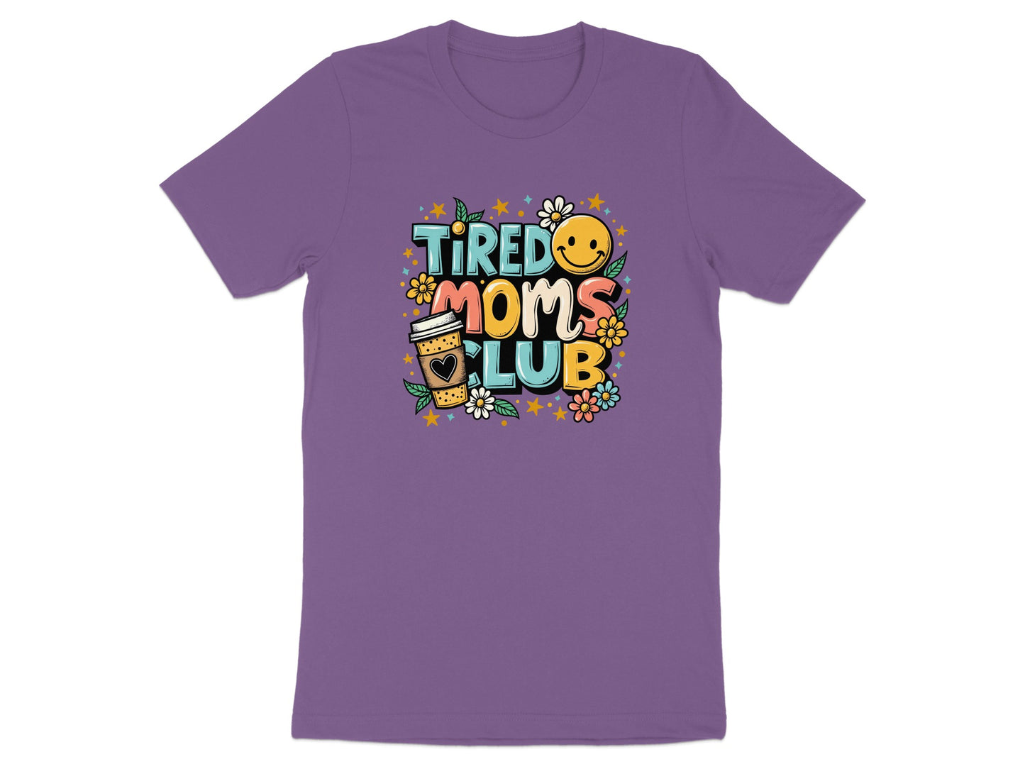 Purple t-shirt with "Tired Moms Club" text and coffee cup design.