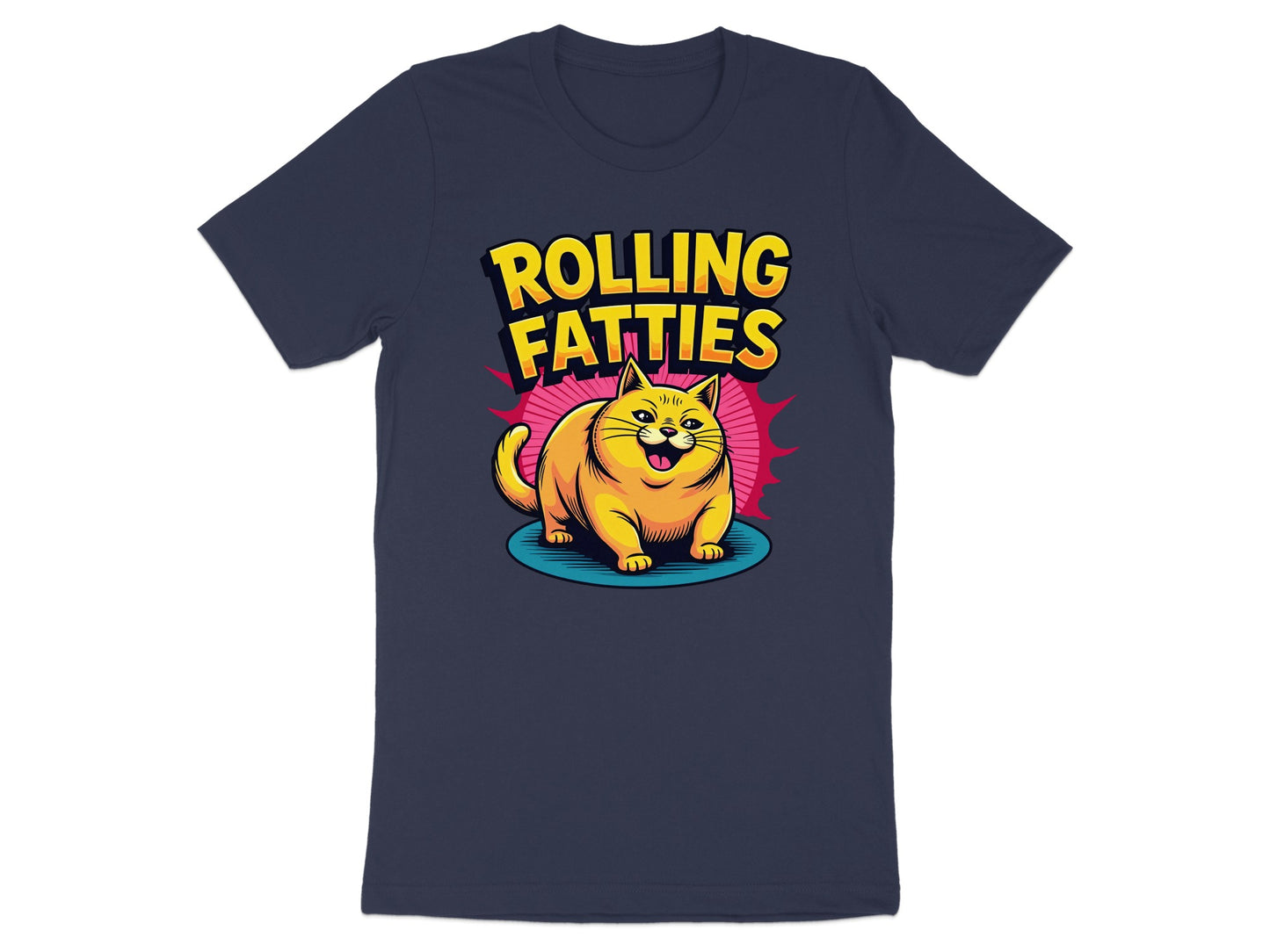 Yellow and red text "Rolling Fatties" above a cartoon cat on a blue shirt.