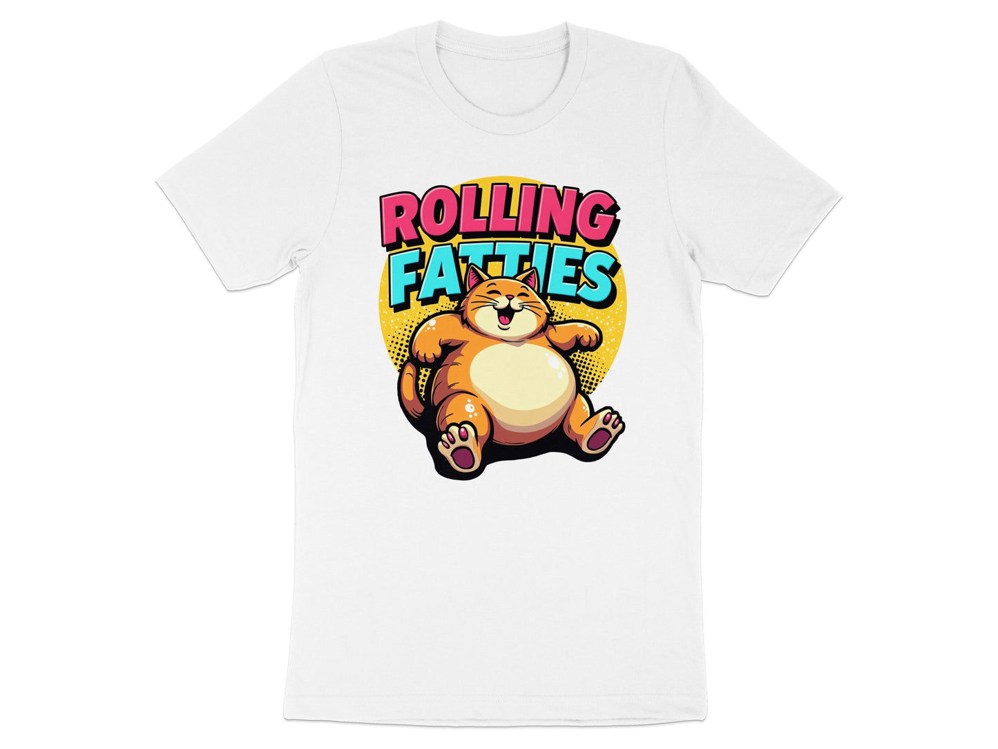 Cartoon of a plump orange cat with "ROLLING FATTIES" text above it.