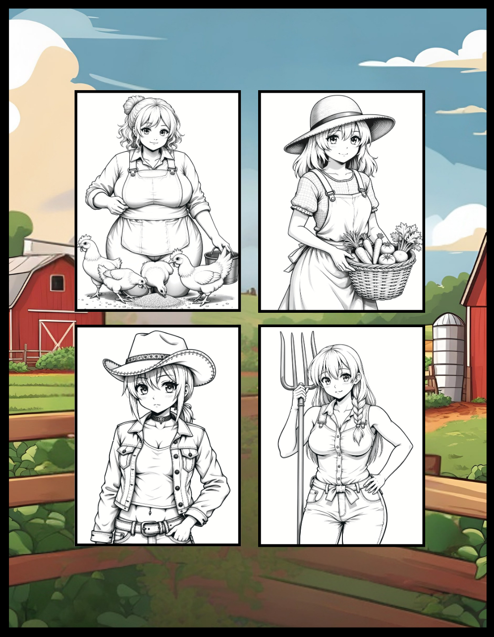 Cute Anime Farm Girls Coloring Book Gift for Adults Men Women Kids Boys Girls Teens Bold and Easy 50 Pages Single Sided Anime Farmer Girls