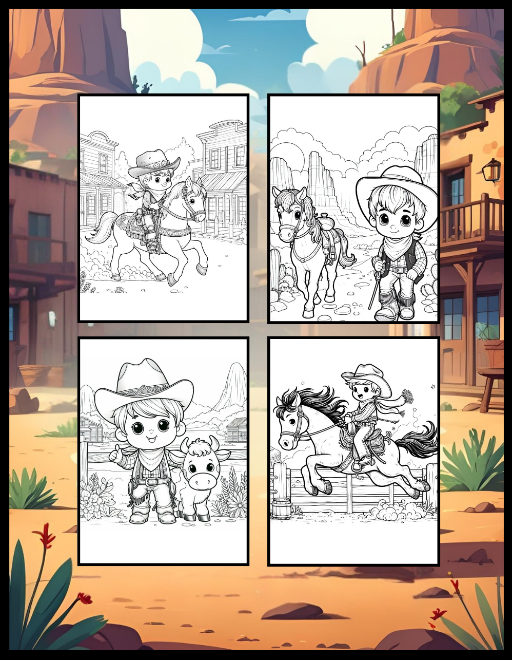 Cowboy Coloring Book Gift for Adults Men Women Kids Young Boys Girls Teens 50 Pages Single Sided Western Cowboy Coloring Activity Book