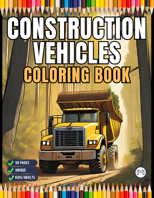 50 Pages Construction Vehicle Coloring Book Gift for Men Women Adults Kids Boys Girls Teens Children Construction Truck Coloring Pages