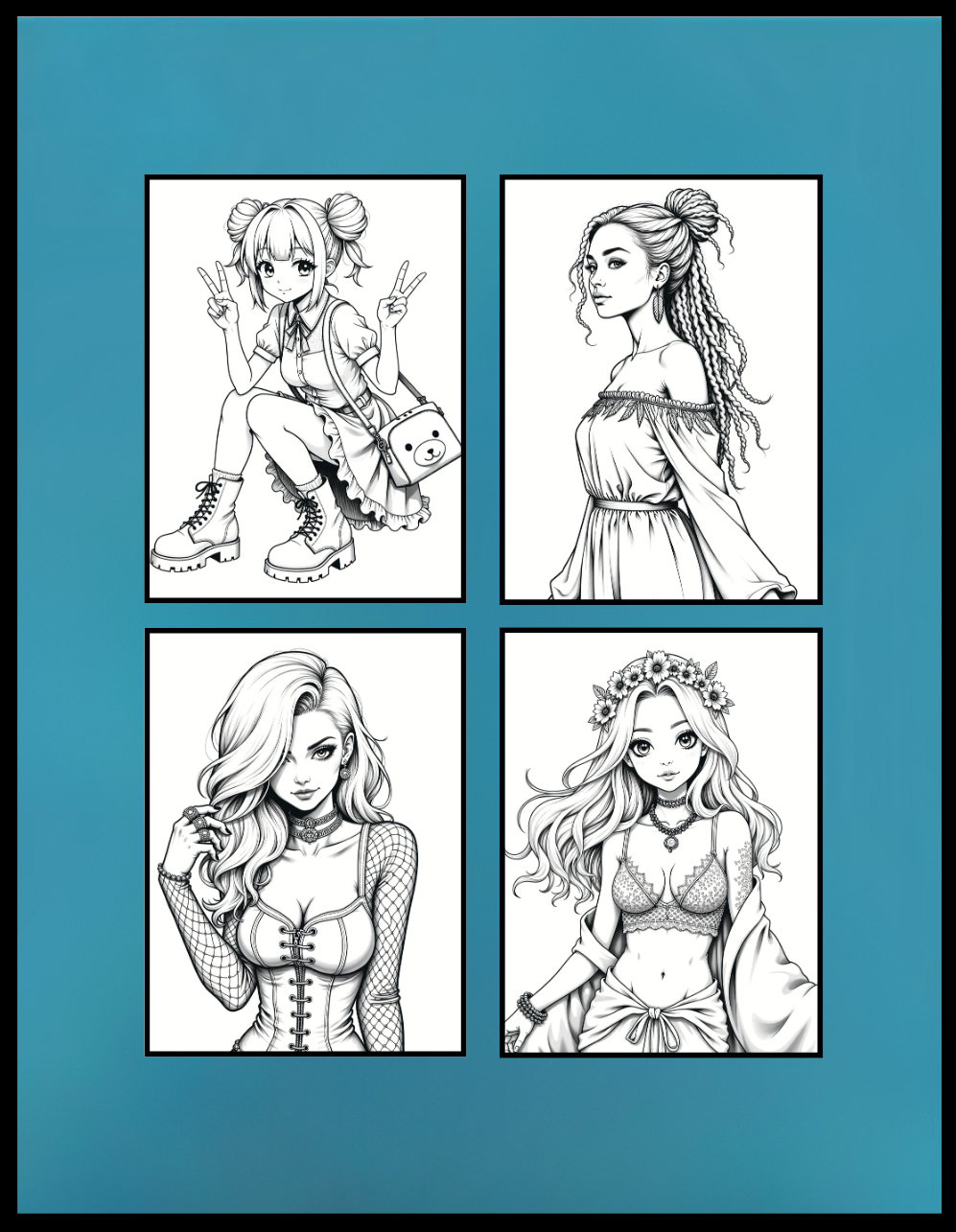 50 Pages Single Sided Cute Japanese Anime Manga Fashion Model Girls Coloring Book Gift for Adults Men Women Kids Young Boys Girls Teens