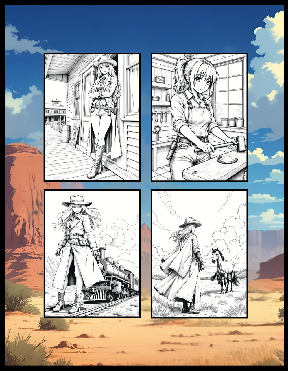 Western Anime Cowgirl Coloring Book Gift for Adults Men Women Kids Boys Girls Teens Bold Easy 50 Pages Single Sided Anime Cowgirl Coloring