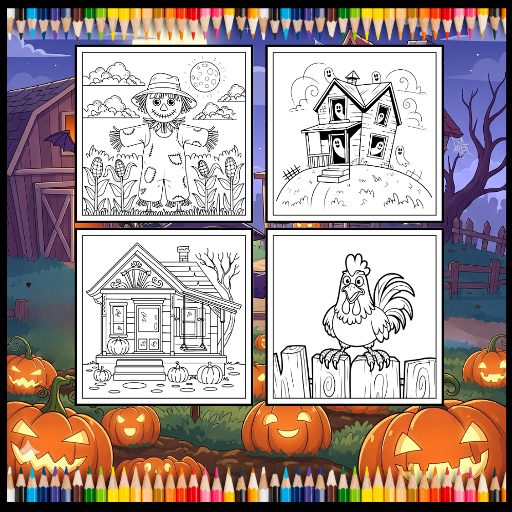 Cute Spooky Farm Halloween Coloring Book for Adults Kids Boys Girls Young Teens Funny Halloween Farm Animals Ghosts Chickens Witches