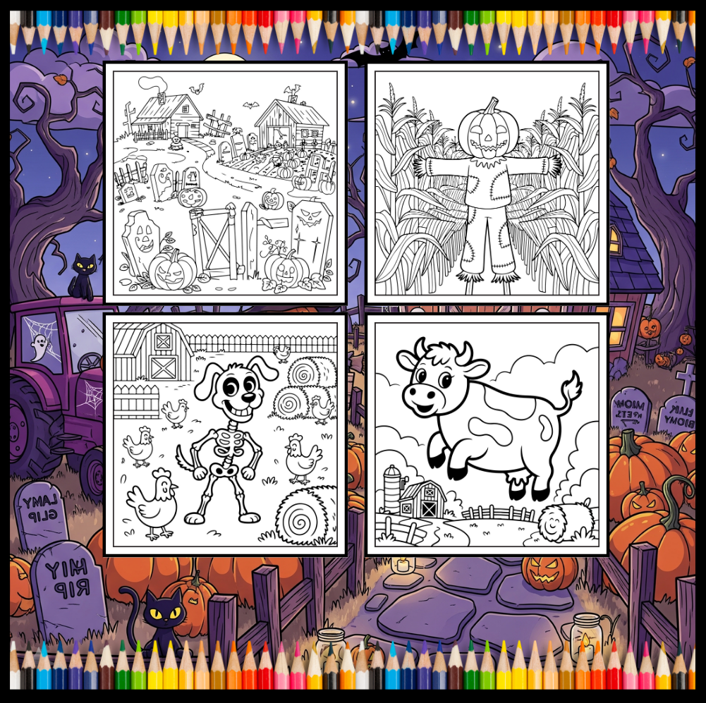 Cute Spooky Farm Halloween Coloring Book for Adults Kids Boys Girls Young Teens Funny Halloween Farm Animals Ghosts Chickens Witches