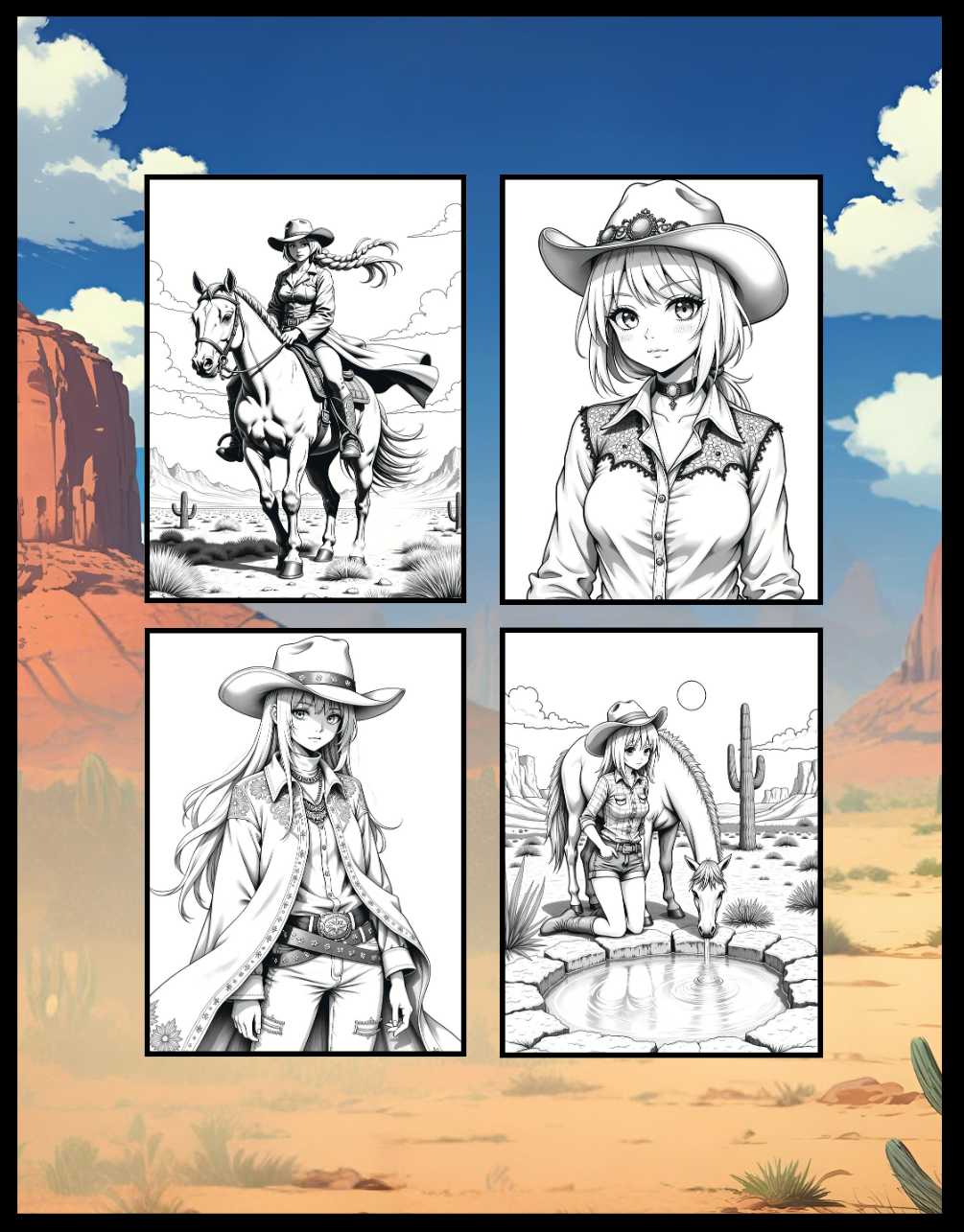 Western Anime Cowgirl Coloring Book Gift for Adults Men Women Kids Boys Girls Teens Bold Easy 50 Pages Single Sided Anime Cowgirl Coloring