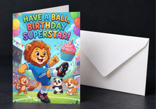 Load image into Gallery viewer, Soccer Birthday Card for Kids, Cute Lion Sports Greeting Card, Physical Printed Birthday Card for Boys and Girls, Soccer Party Supplies, 5x7
