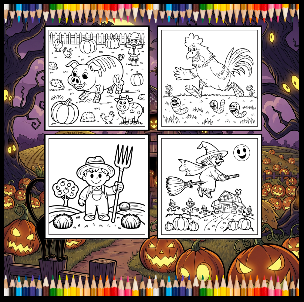 Cute Spooky Farm Halloween Coloring Book for Adults Kids Boys Girls Young Teens Funny Halloween Farm Animals Ghosts Chickens Witches