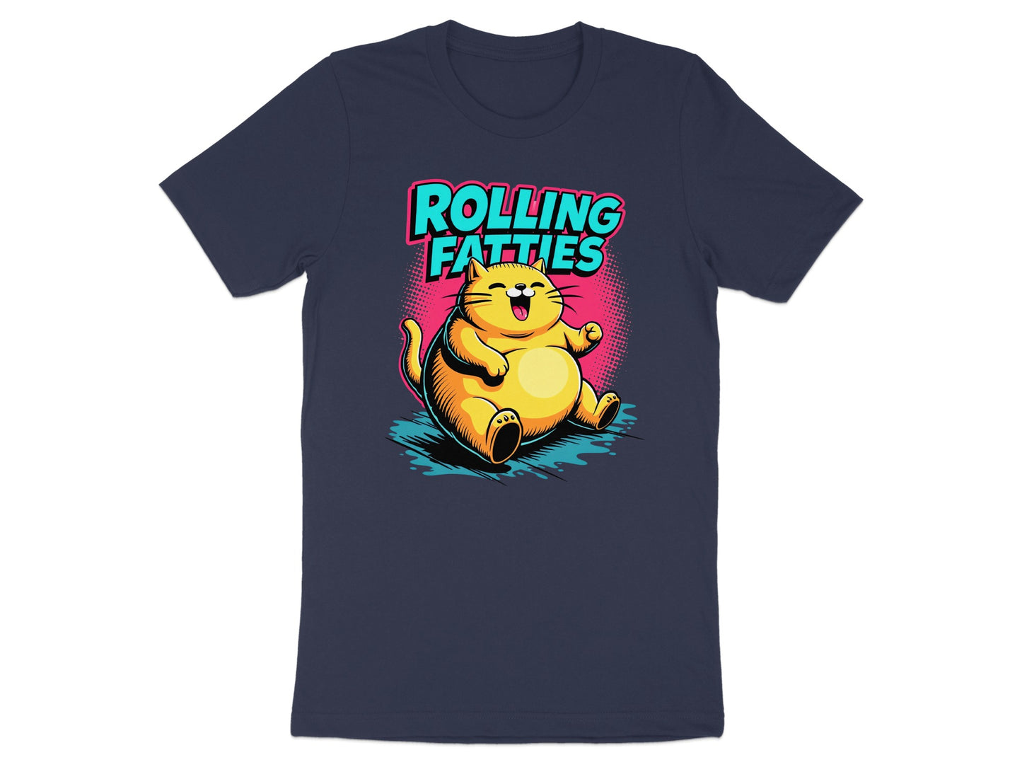 Fat, smiling cartoon cat in a t-shirt that says "ROLLING FATTIES".