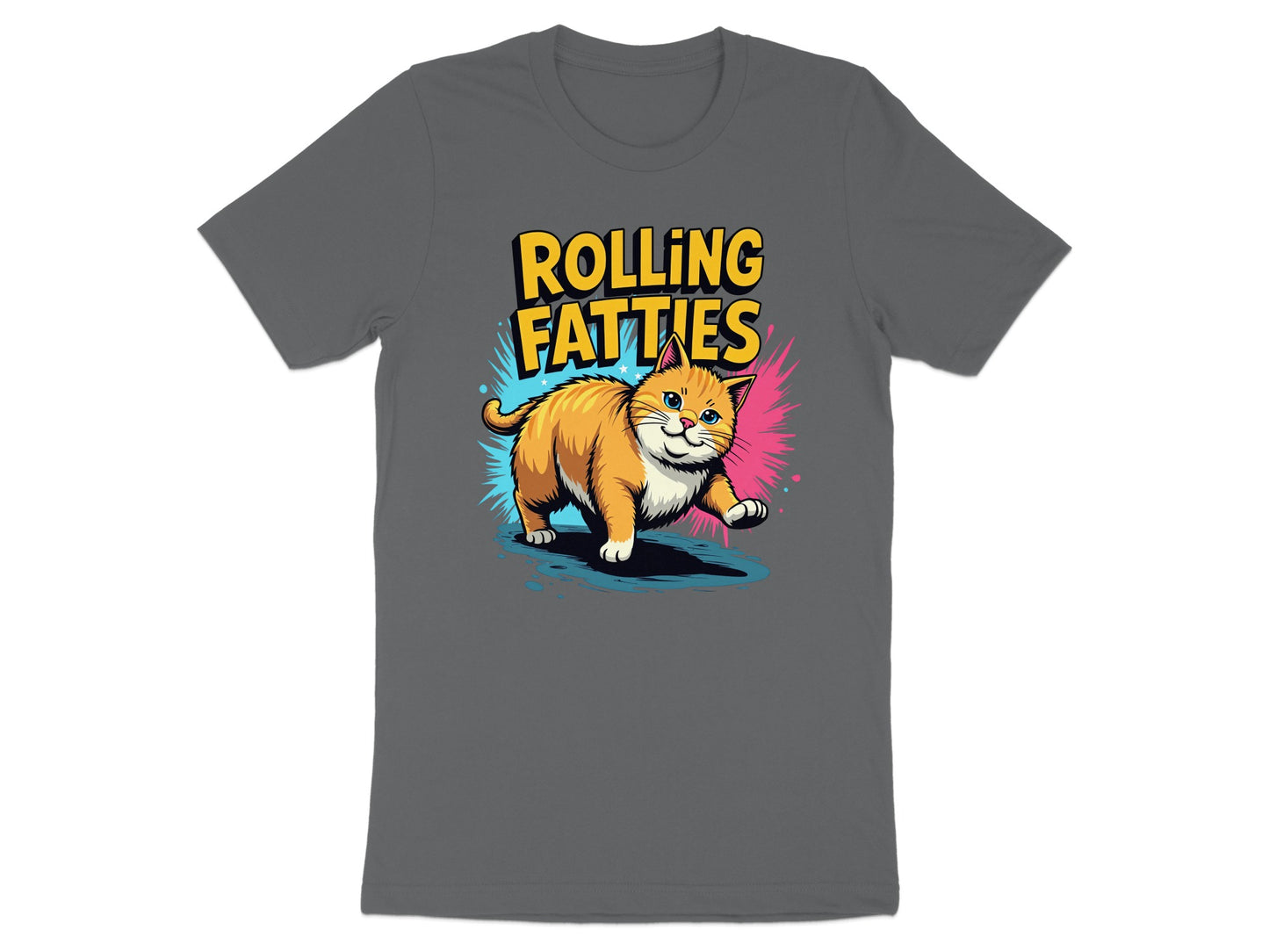 Grey t-shirt with orange cat illustration and "ROLLING FATTIES" text.