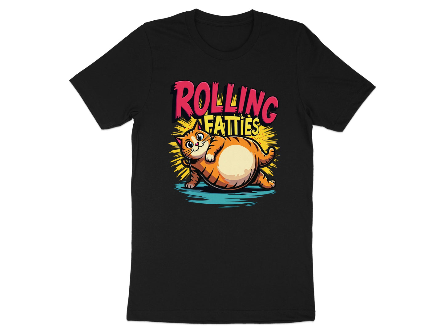 Cartoon cat on a black t-shirt with "ROLLING FATTIES" text.