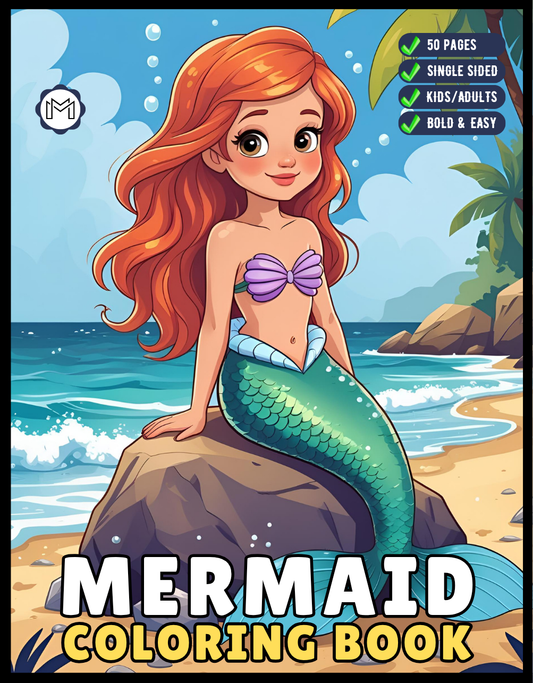 50 Pages Single Sided Cute Beautiful Mermaid Coloring Book Gift for Adults Men Women Kids Boys Girls Young Teens Bold and Easy Mermaid