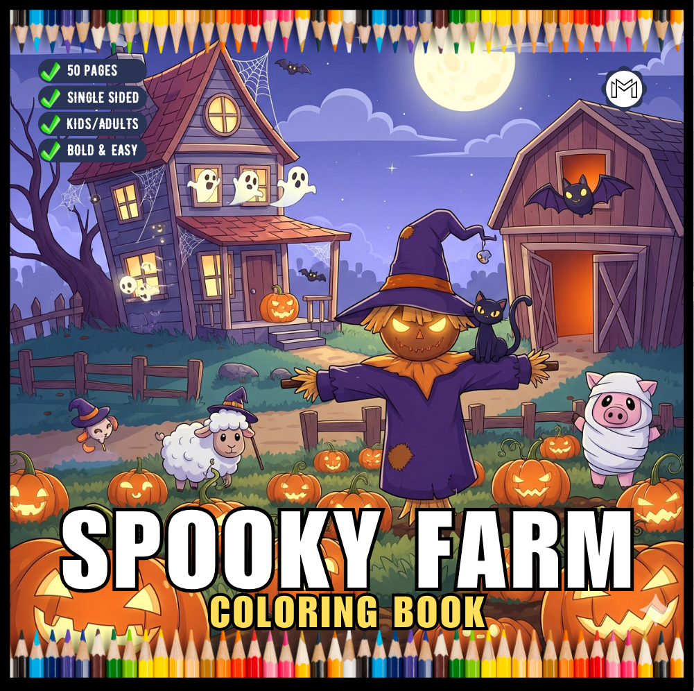 Cute Spooky Farm Halloween Coloring Book for Adults Kids Boys Girls Young Teens Funny Halloween Farm Animals Ghosts Chickens Witches