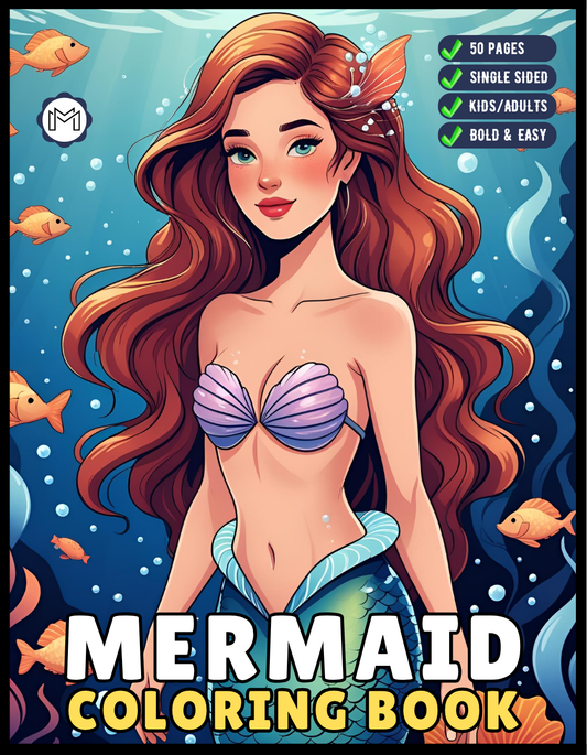 50 Pages Single Sided Cute Beautiful Mermaid Coloring Book Gift for Adults Men Women Kids Boys Girls Young Teens Bold and Easy Mermaid