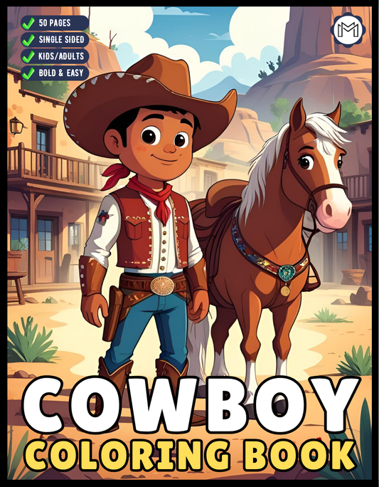 Cowboy Coloring Book Gift for Adults Men Women Kids Young Boys Girls Teens 50 Pages Single Sided Western Cowboy Coloring Activity Book