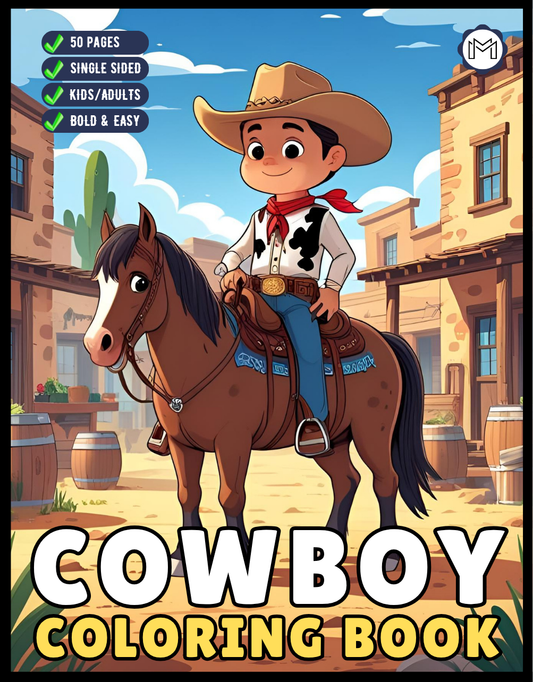 Cowboy Coloring Book Gift for Adults Men Women Kids Young Boys Girls Teens 50 Pages Single Sided Cute Cowboy Coloring Book for Children