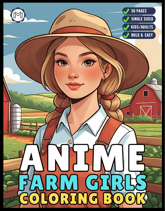 Cute Anime Farm Girls Coloring Book Gift for Adults Men Women Kids Boys Girls Teens Bold and Easy 50 Pages Single Sided Anime Farmer Girls