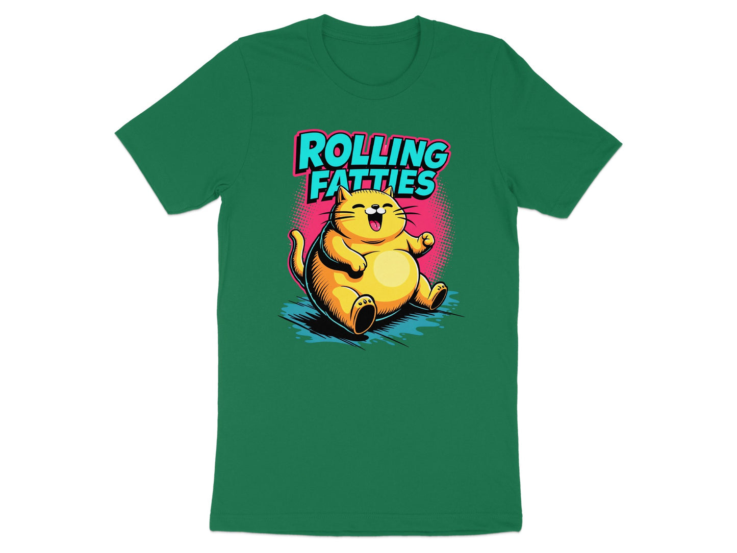 Green t-shirt with cartoon cat and "Rolling Fatties" text.
