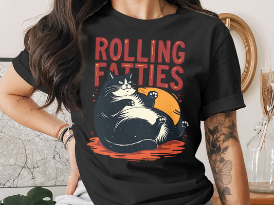Black t-shirt with "ROLLING FATTY" text and a cartoon of a plump cat.