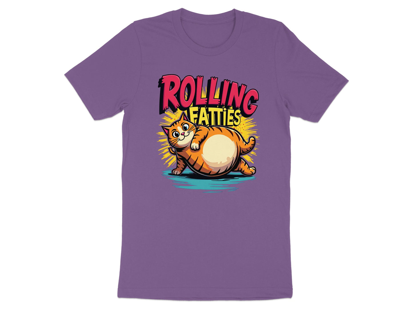 Purple t-shirt with cartoon fat cat and text "ROLLING FATTIES".