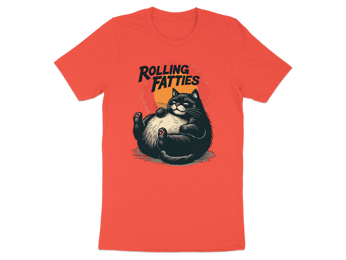 Black cat with "ROLLING FATTTIES" text on orange t-shirt.