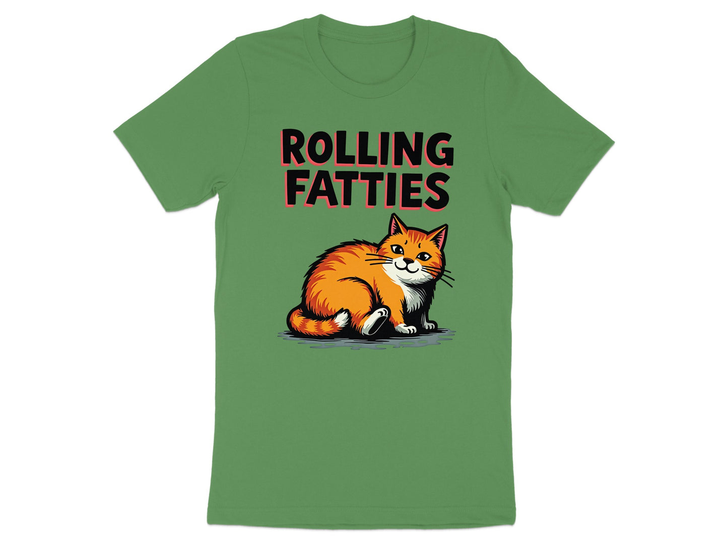 Green t-shirt with "ROLLING FATTIES" text above a cartoon cat.