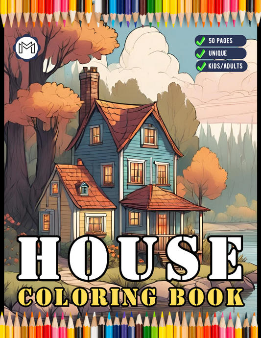 Vintage Cottage House with Garden Coloring Book for Adults Men Women Kids Boys Girls: 50 Pages Village Relaxing Home Coloring Book