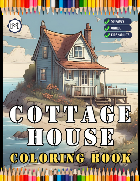 Vintage Cottage House with Garden Coloring Book for Adults Men Women Kids Boys Girls: 50 Pages Village Relaxing Home Coloring Book