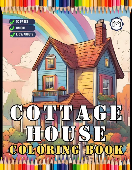 Vintage Cottage House with Garden Coloring Book for Adults Men Women Kids Boys Girls: 50 Pages Village Relaxing Home Coloring Book