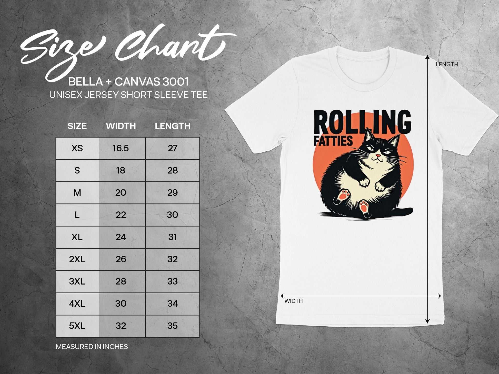 Size chart for Bella + Canvas 3001 unisex t-shirt with "Rolling Fatties" graphic.