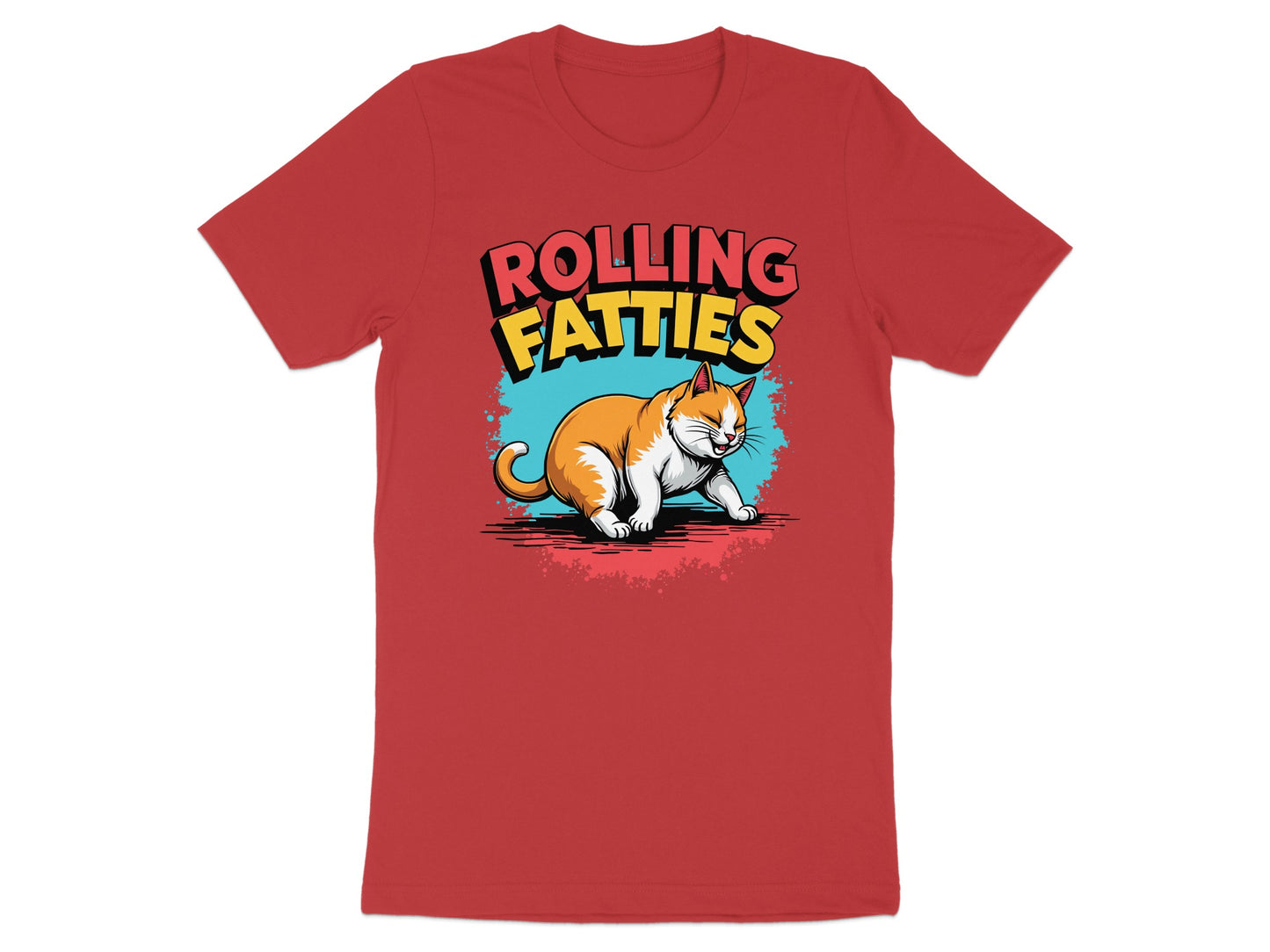 Red t-shirt with "Rolling Fatties" text and cartoon cat illustration.