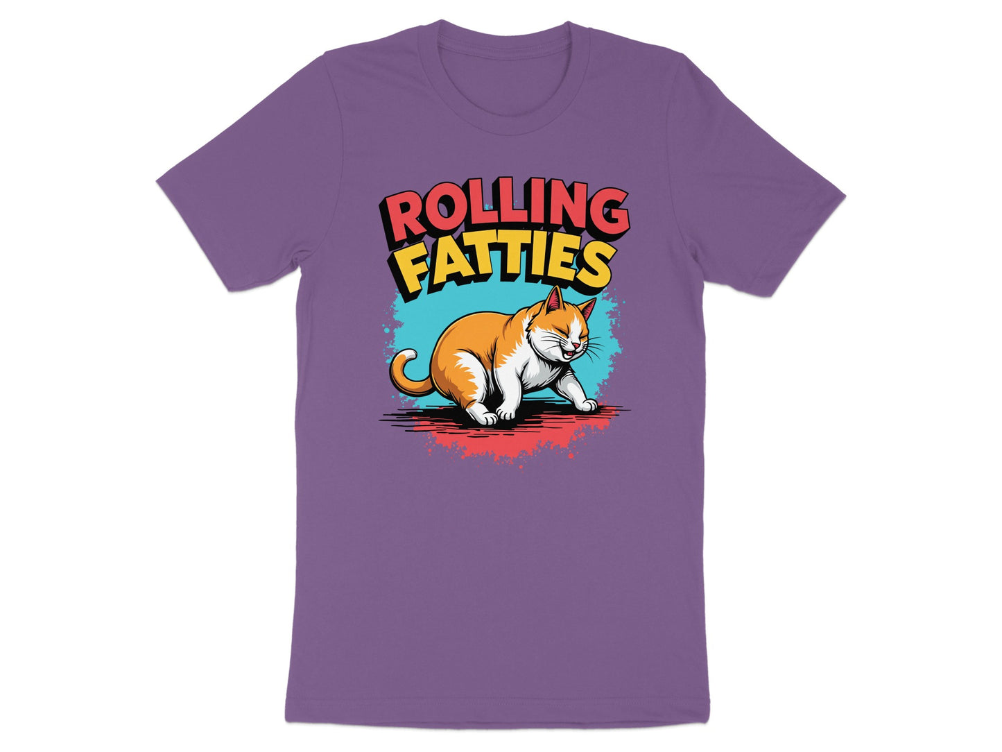 Purple t-shirt with a cartoon cat and "Rolling Fatties" text.