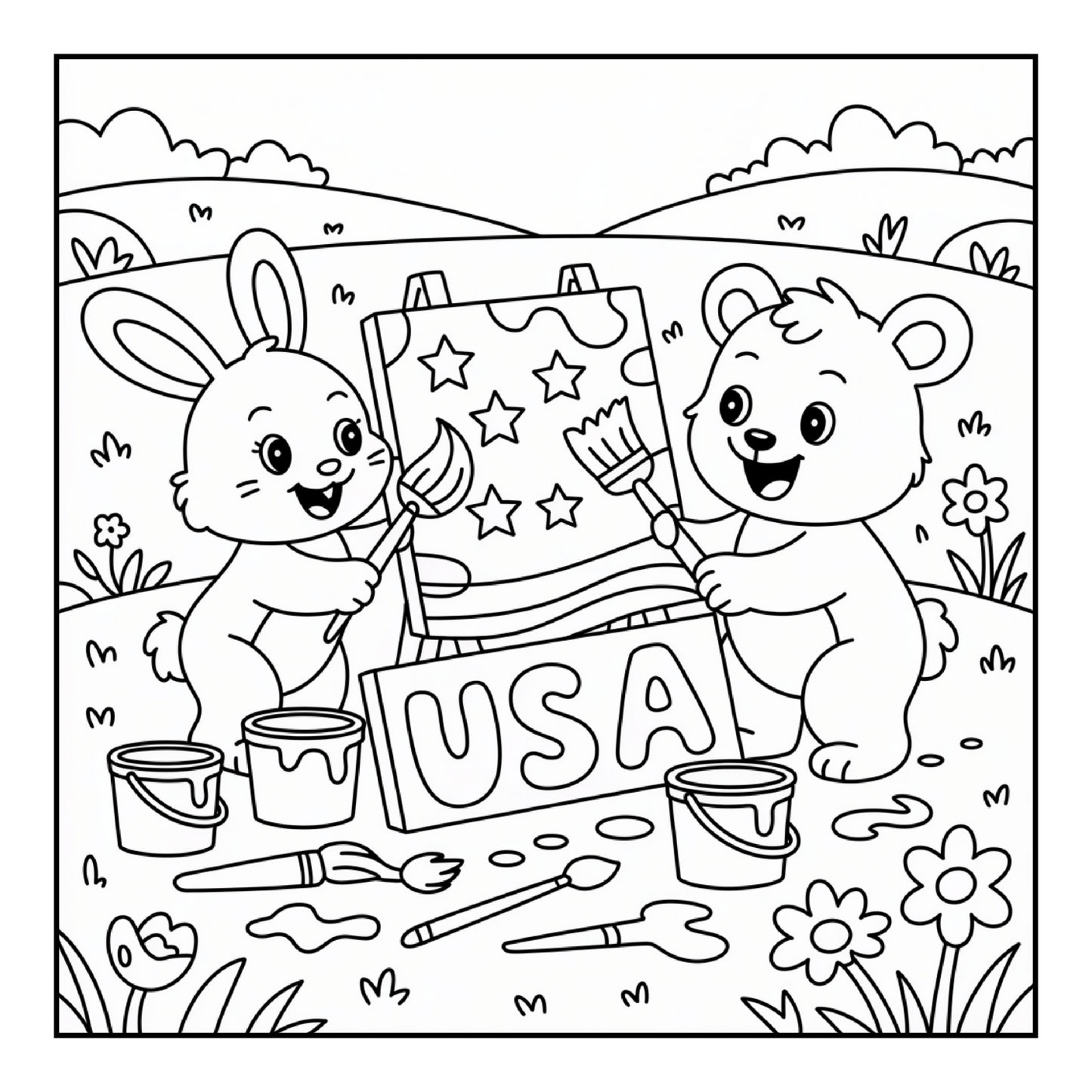 4th of July Independence Day Bear and Bunny Coloring Book Gift for Kids Boys Girls Young Teens 50 Pages Single Sided Coloring Activity Sheet