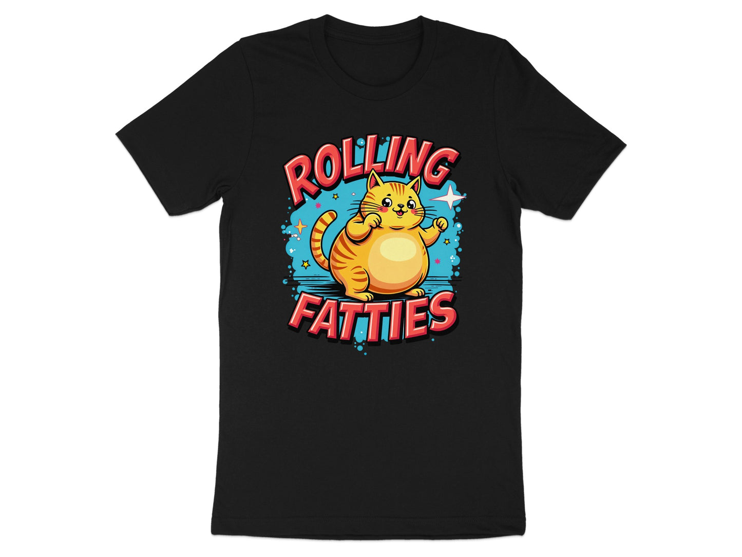 Black t-shirt with a cartoon cat saying "ROLLING FATTIES".